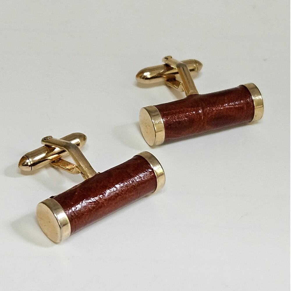 Vintage MCM Swank Brown Leather Cufflinks | Quiet Luxury Gold Tone Cuff Links